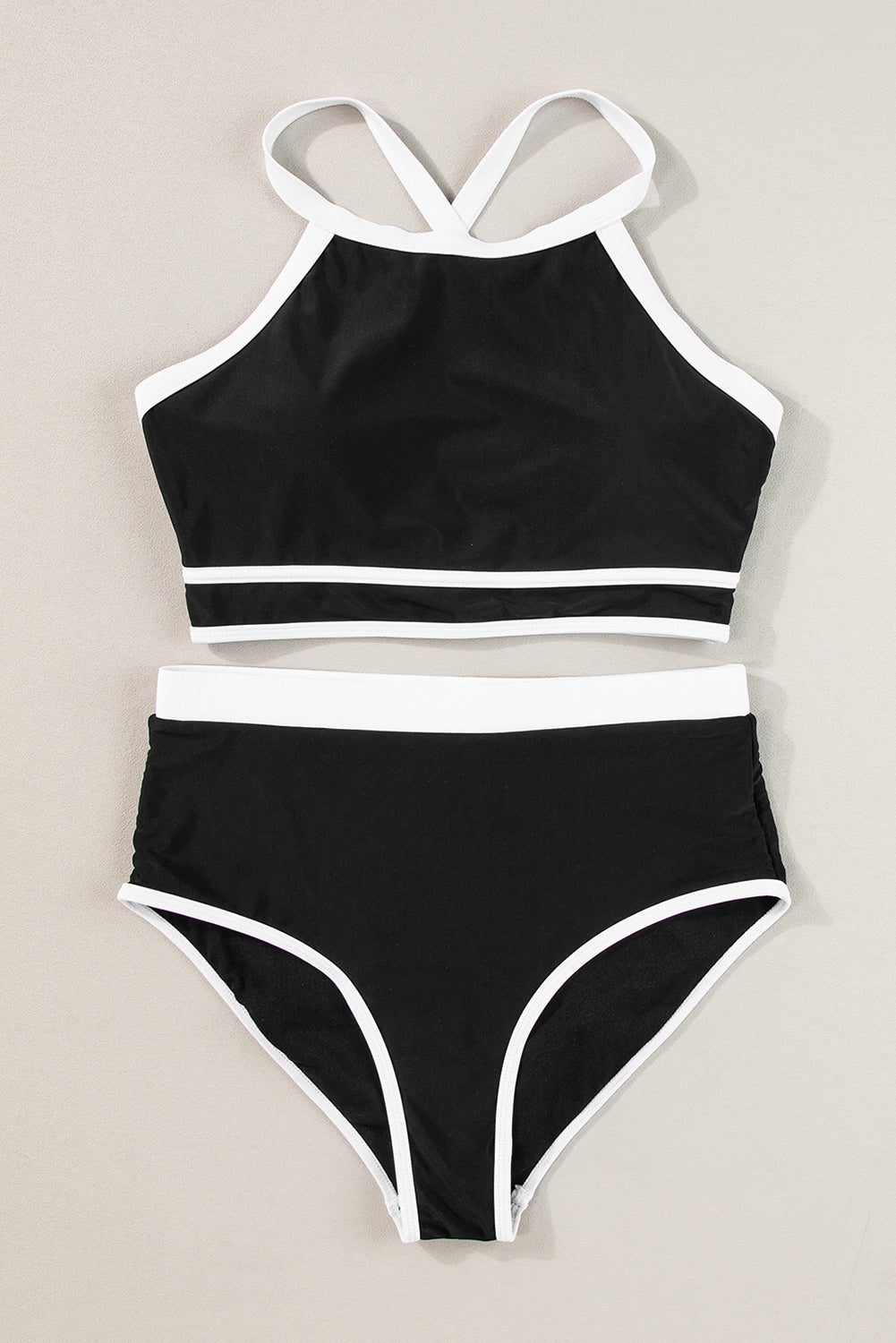 Black Contrast Trim Crisscross Back High Waisted Bikini Swimwear Set