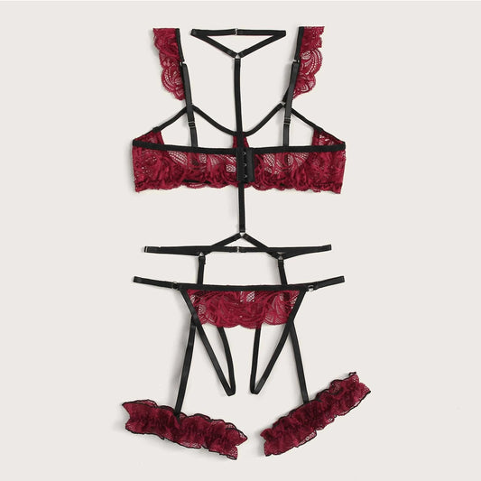 3 Piece Open Cup Strappy Lingerie Set with Lace Detailing and Garters