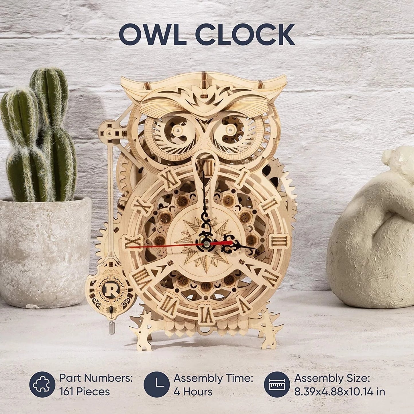 Robotime ROKR 3D Owl Wooden Clock Building Puzzle - DIY Model Building Kit