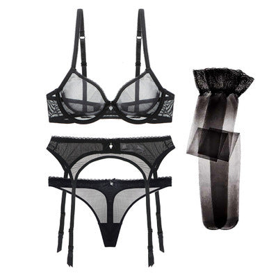 3 Piece See Through Mesh Lingerie Set with Matching Stockings