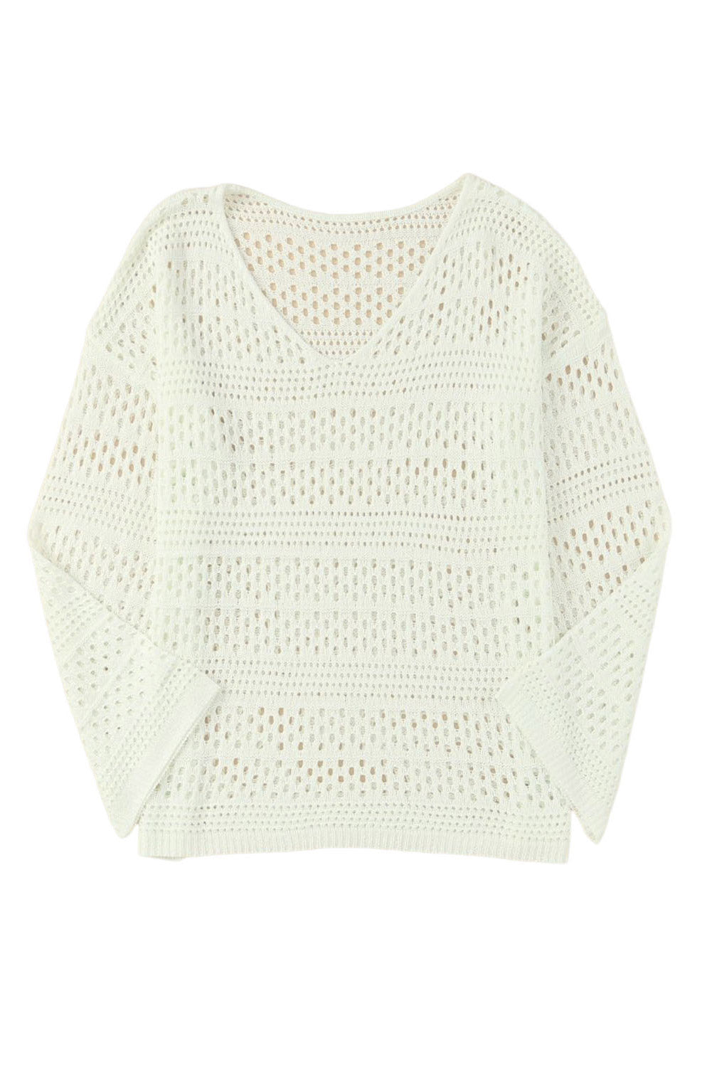 White V-Neck Pullover Sweater Hollow Out Crochet Knit Fabric