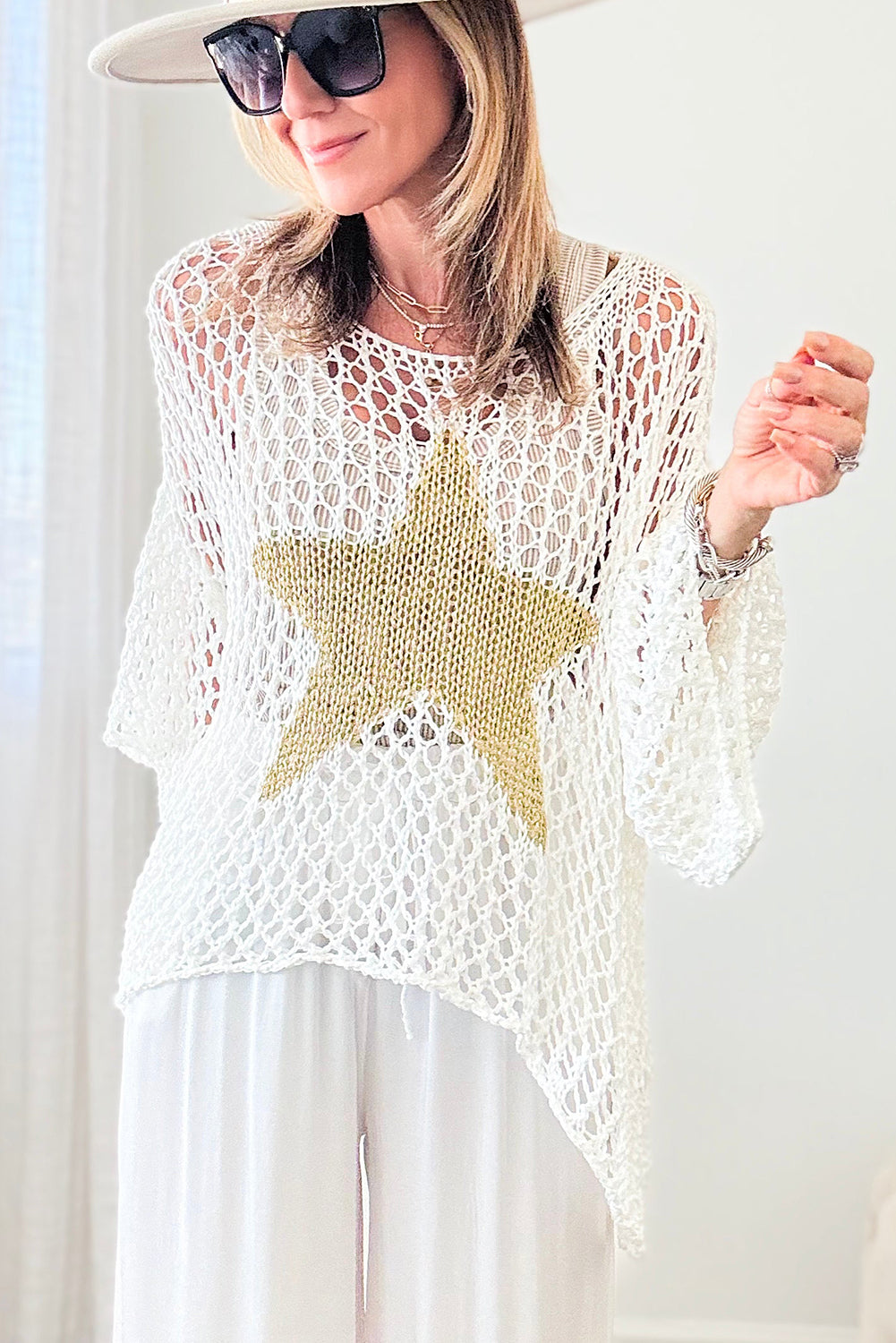 Star Graphic Crochet Knitted Summer Sweater Top | Black or White