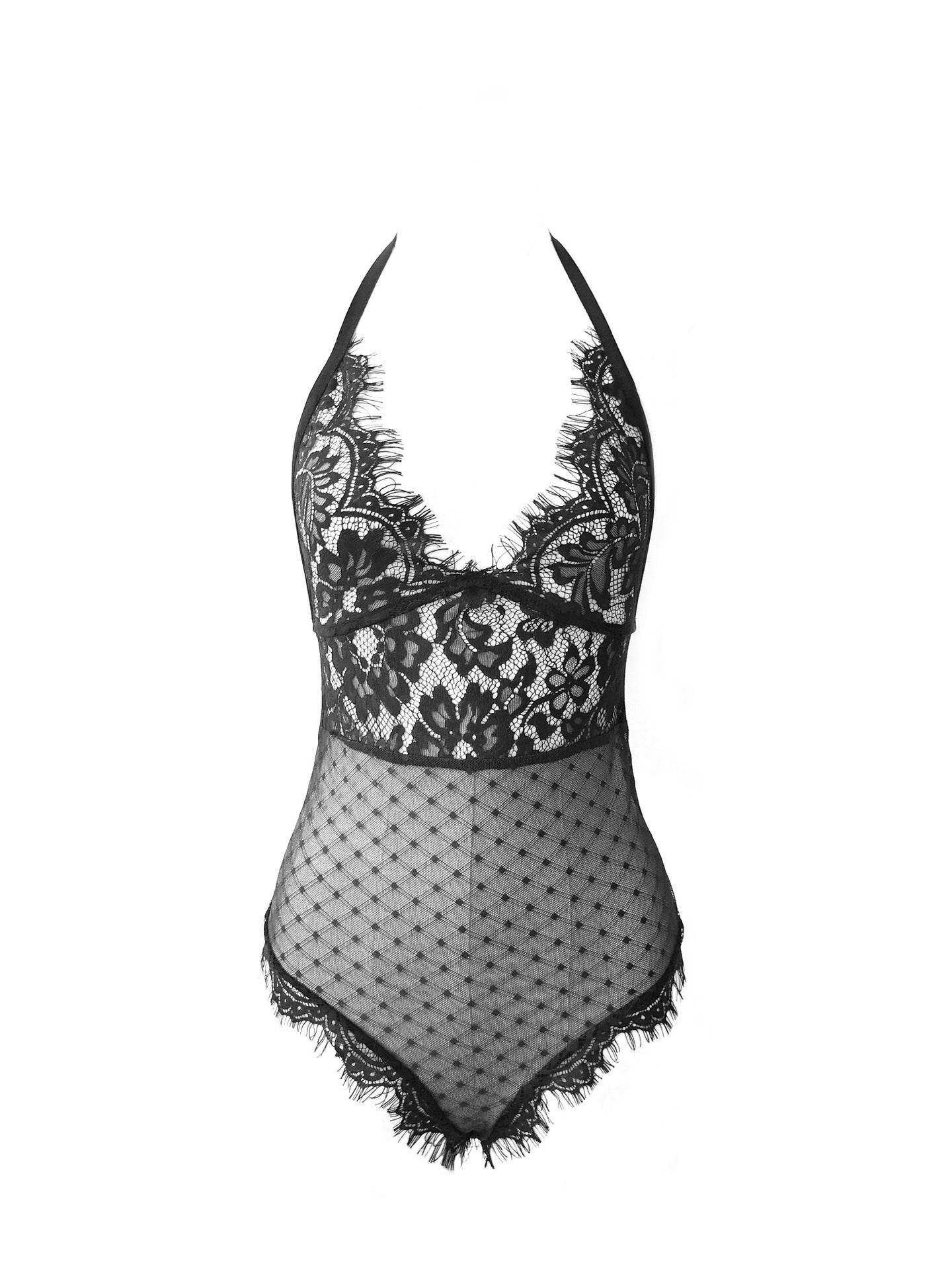 Embroidered Lace Teddy Bodysuit Sheer Mesh Lingerie | Black or White