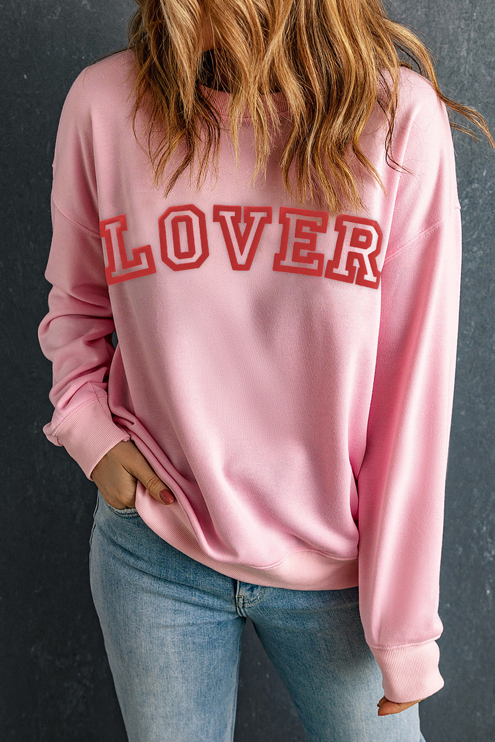 Cotton Blend Pink LOVER Puff Print Drop Shoulder Pullover Sweatshirt