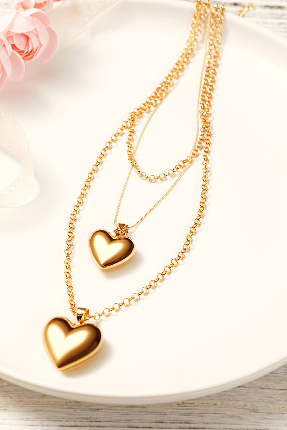 Gold Multilayer Heart Shape Pendant Valentine Necklace