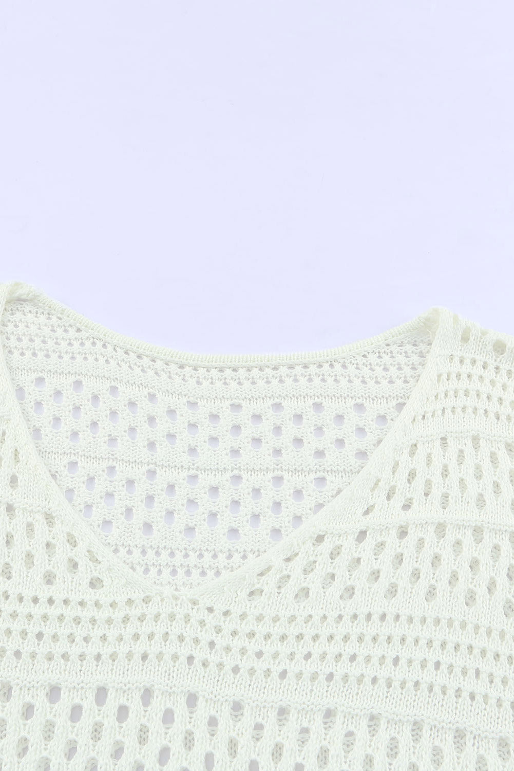 White V-Neck Pullover Sweater Hollow Out Crochet Knit Fabric