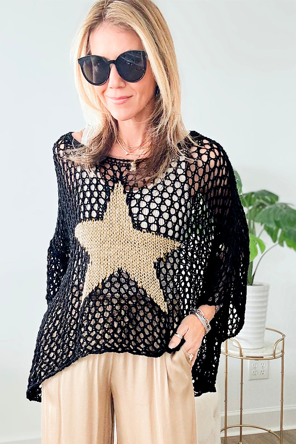 Star Graphic Crochet Knitted Summer Sweater Top | Black or White