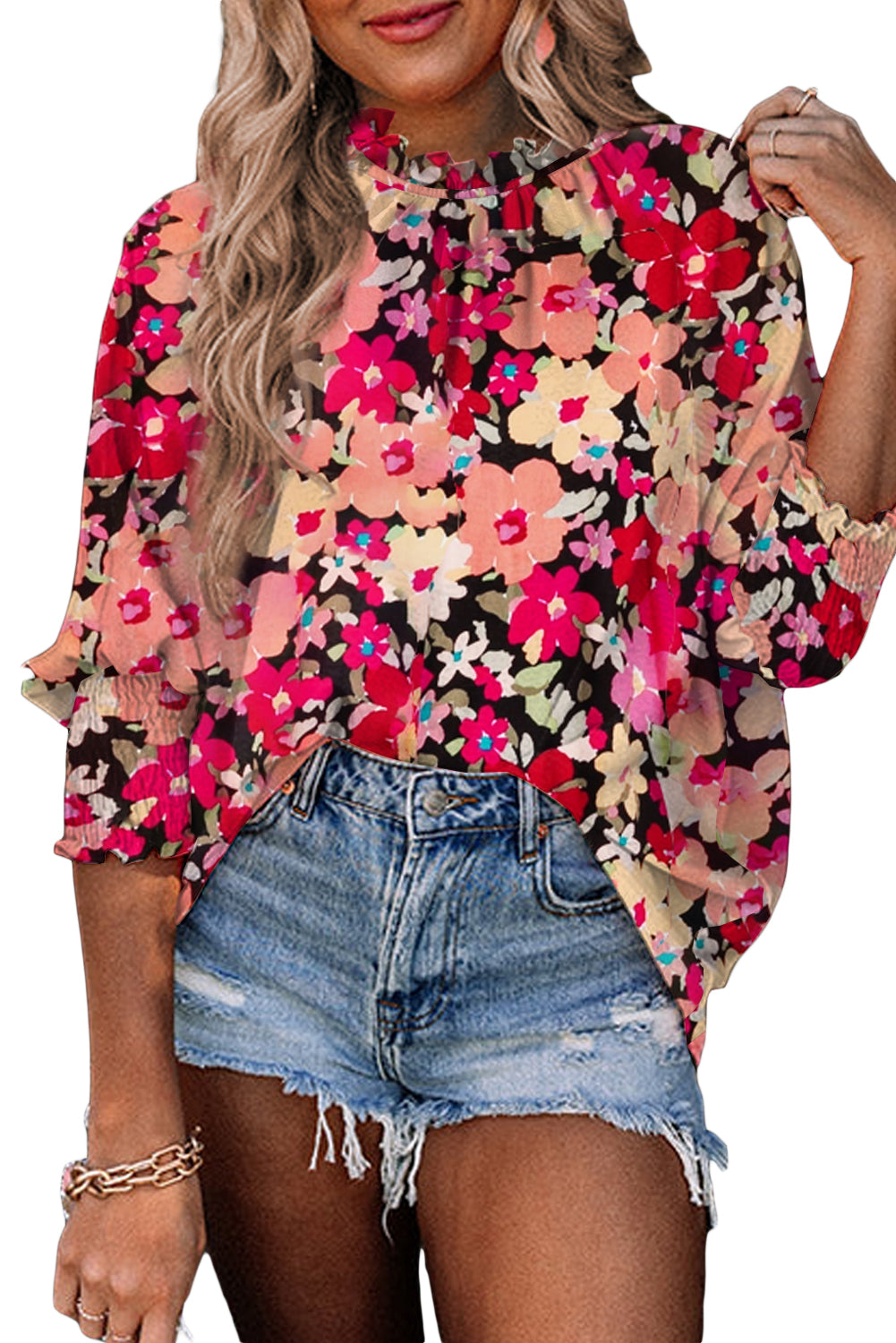 Summer Top - Rose Printed Frilled Neck Bracelet Sleeve Floral Blouse