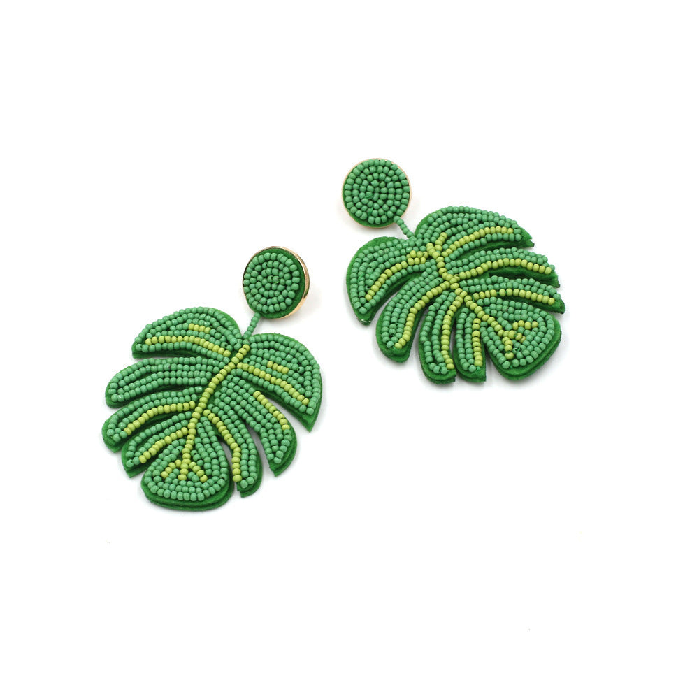 Hand-Woven Monsteria Beaded Leaf Earrings