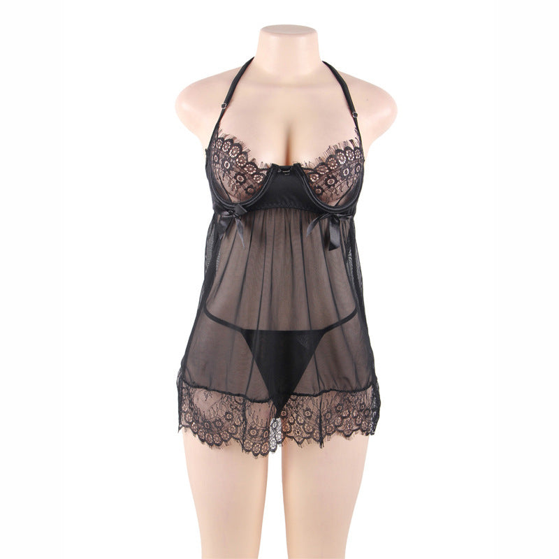 Plus Size Black Lace Babydoll Nightdress Lingerie with Satin Bows