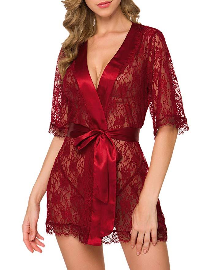 Womens Lace Robe Pajamas with Satin Tie | 4 Colour Options