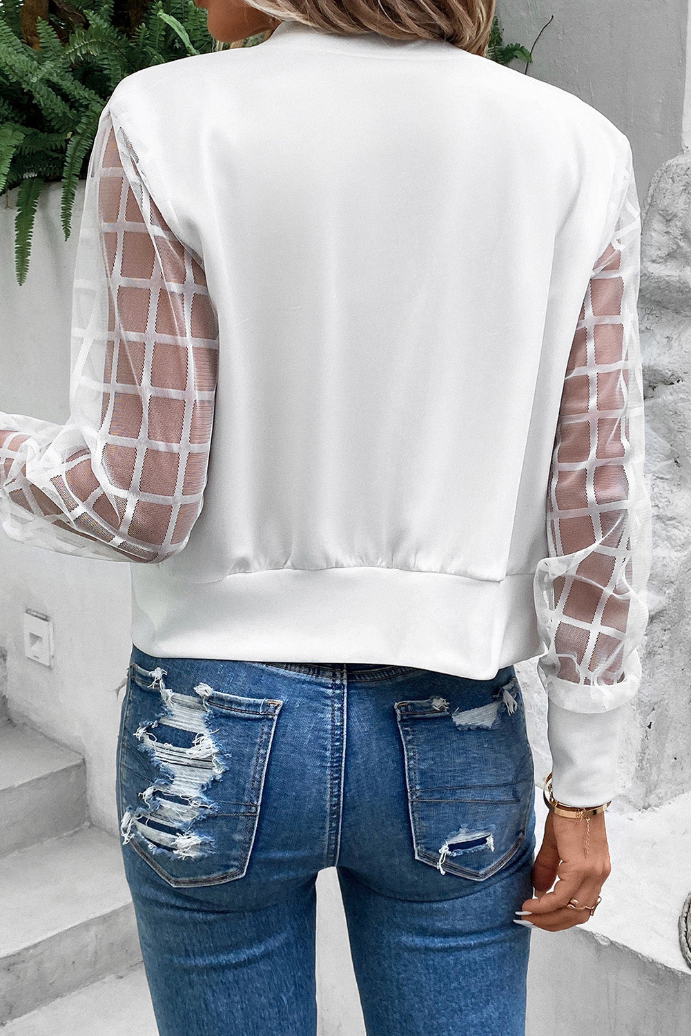 White Latticed Mesh Sleeve Zip Up Bomber Jacket