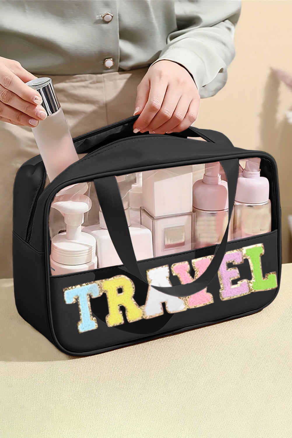 Pastel Coloured Clear Window Travel Friendly Chenille Letter Makeup Bag