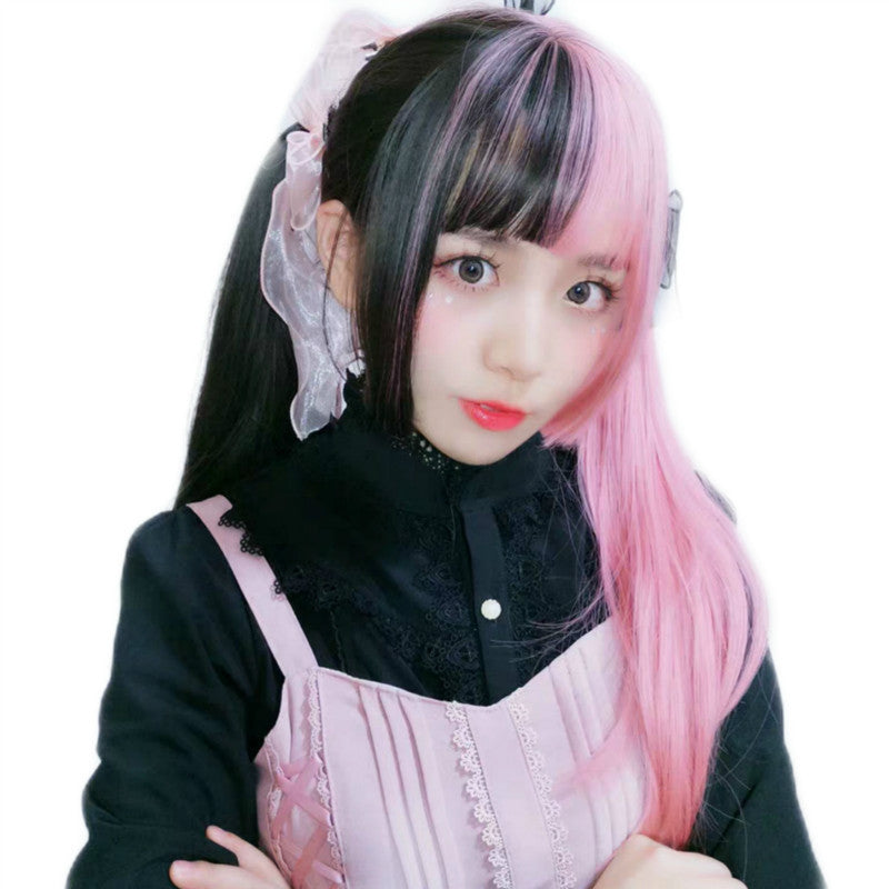 Anime Cosplay Wig Female Long Straight Black and Pink Hair