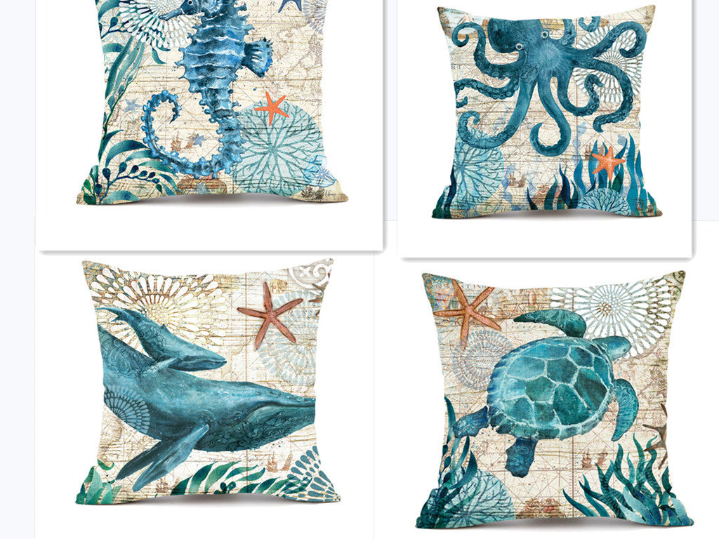 Ocean Theme Linen Cushion Covers Sea Turtles, Octopuses and More 45x45