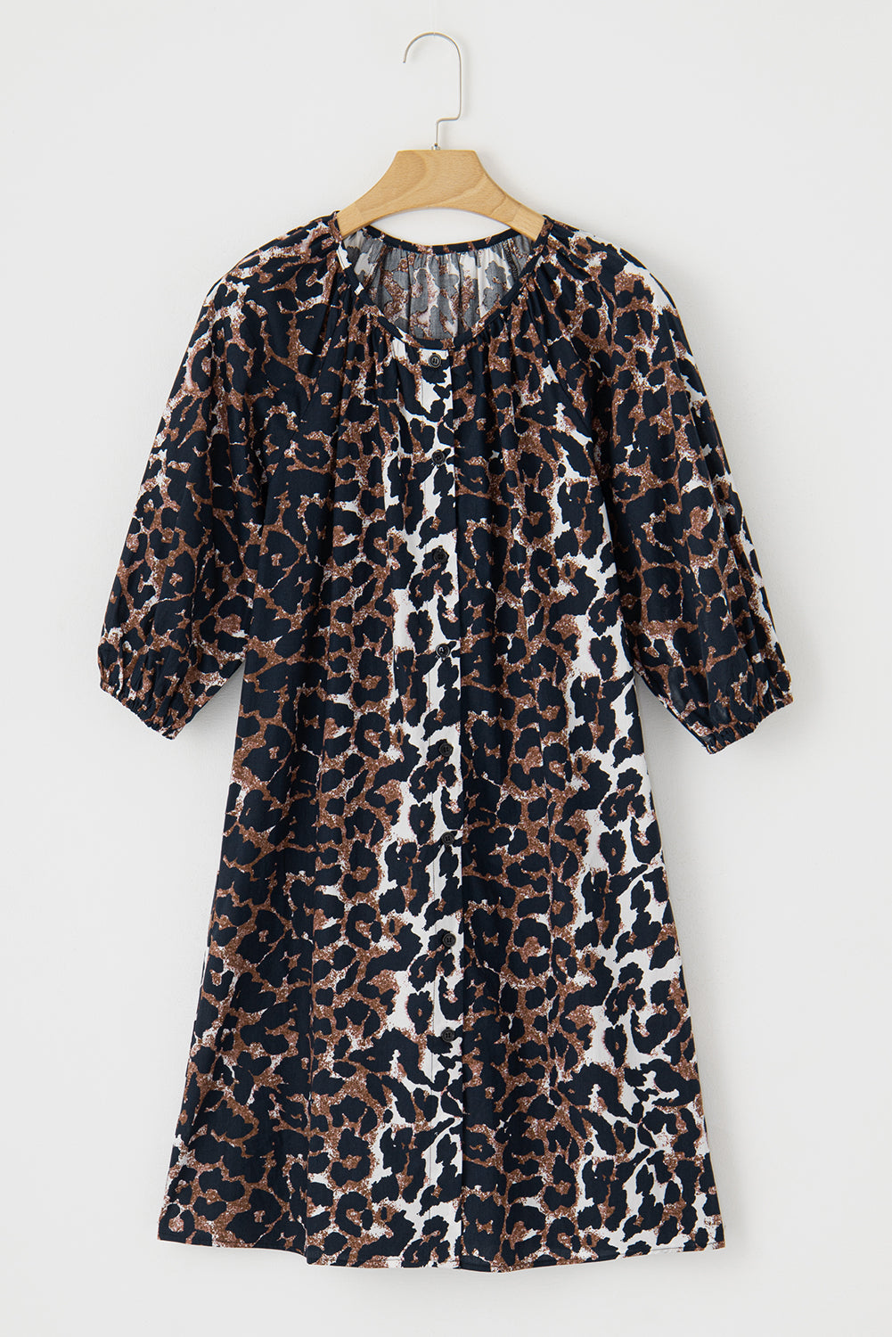 Black Leopard Puff Sleeve Buttons Front Shirt Dress 100% Cotton