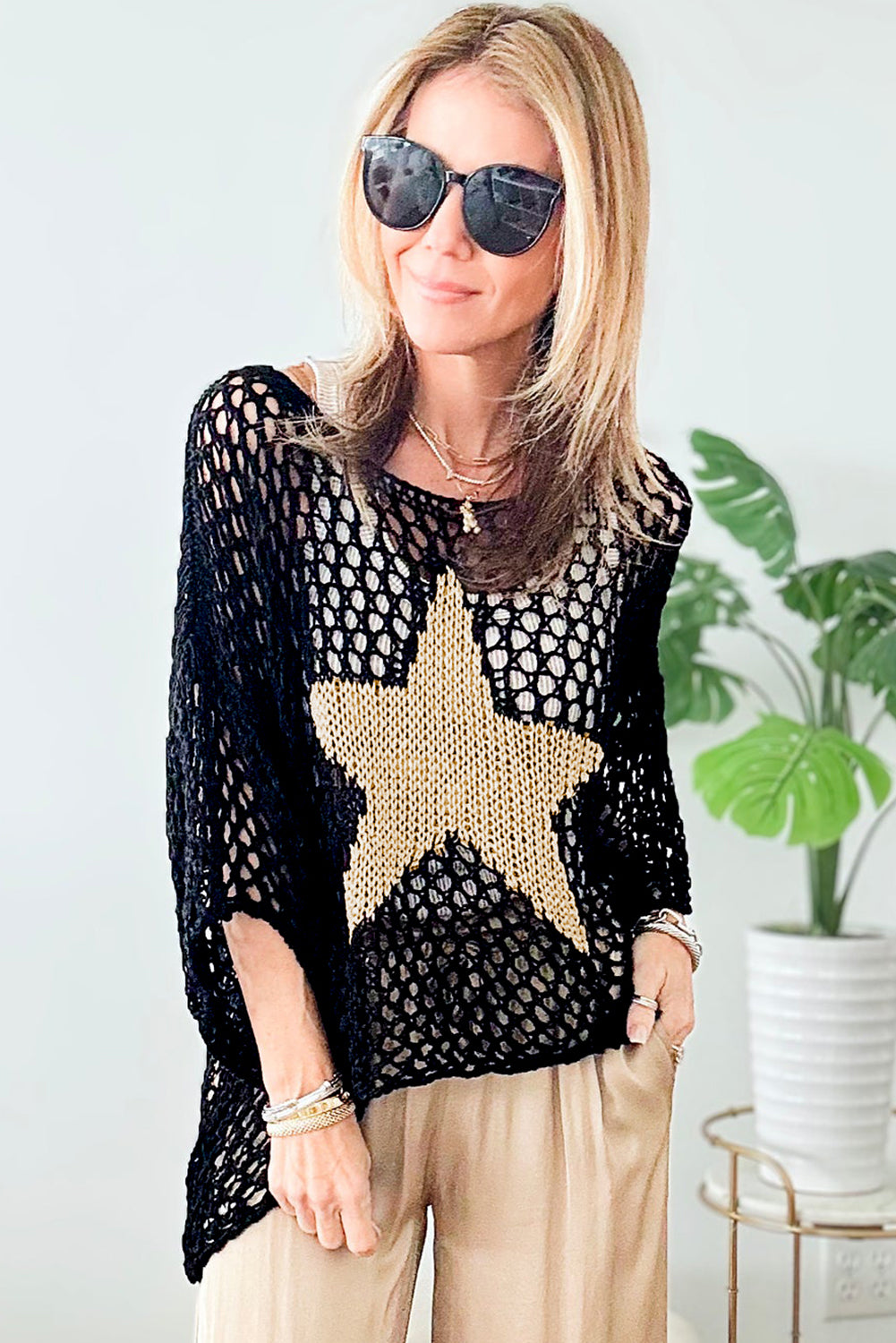 Star Graphic Crochet Knitted Summer Sweater Top | Black or White