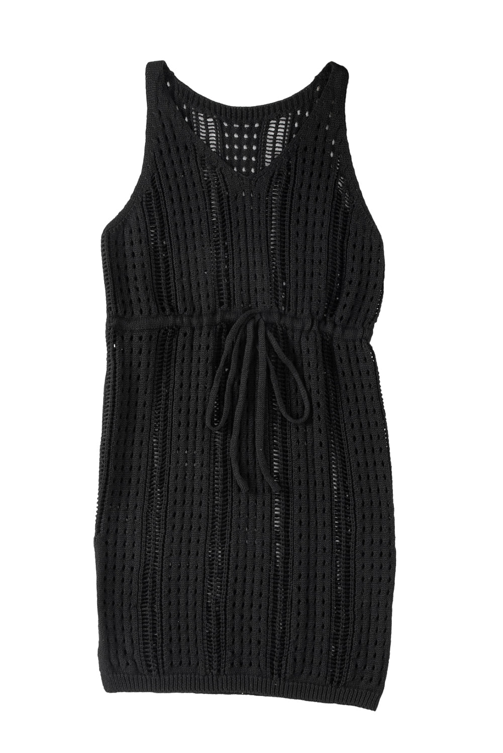 Black Crochet Hollow-out Sleeveless Beach Dress Cover-Up with Drawstring