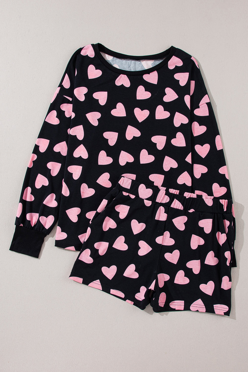 Pink Valentine Heart Shape Print Long Sleeve Top Shorts Lounge Set