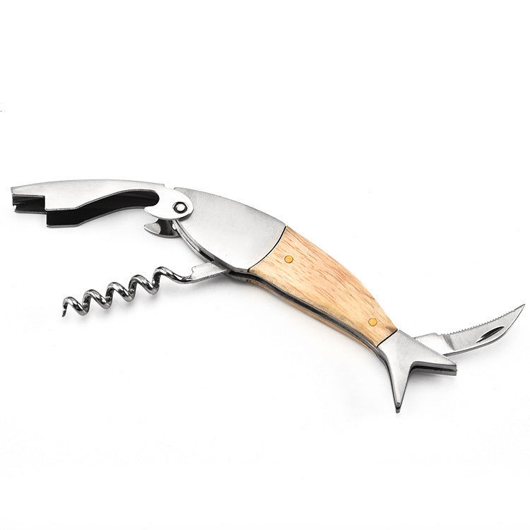 Shark Shaped Wine And Beer Bottle Top Opener - Stainless Steel and Wood