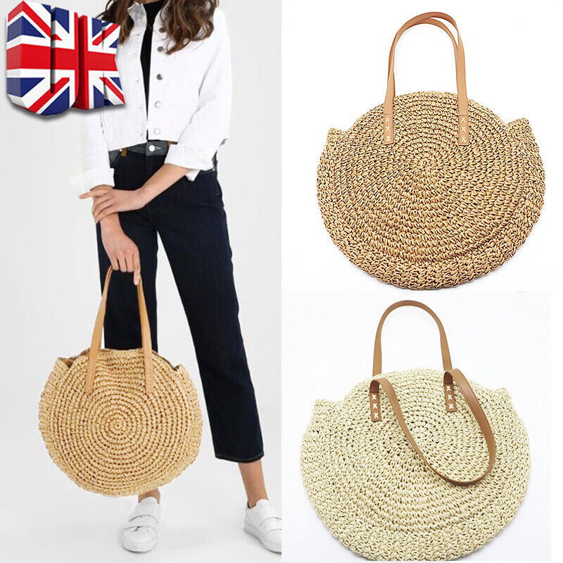 Boho Woven Round Rattan Shoulder Beach Tote