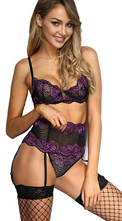 3 Piece Erotic Lingerie Set, Bra Top, G-String Bottoms and Lace Garter Belt