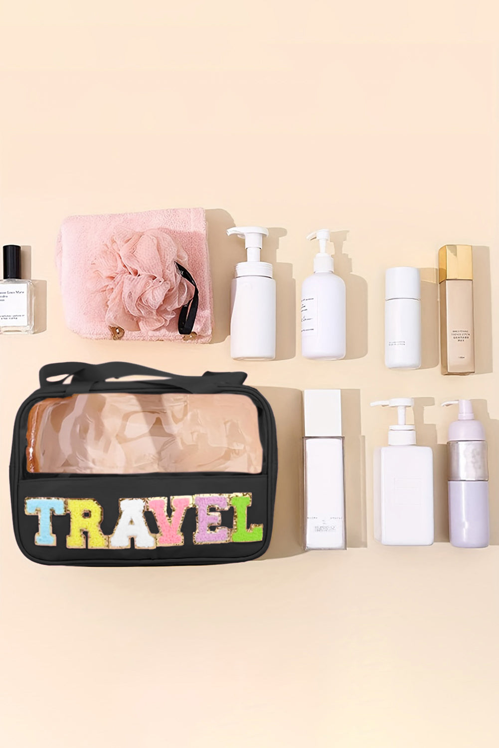 Pastel Coloured Clear Window Travel Friendly Chenille Letter Makeup Bag