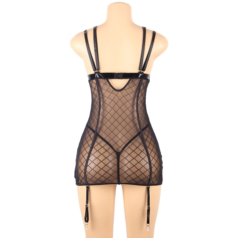 See Through Lace Mesh Gartered Babydoll Lingerie - Plus Sizes Available