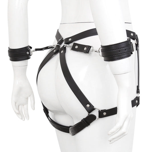 Black Leather Waist Bondage Harness With Handcuffs