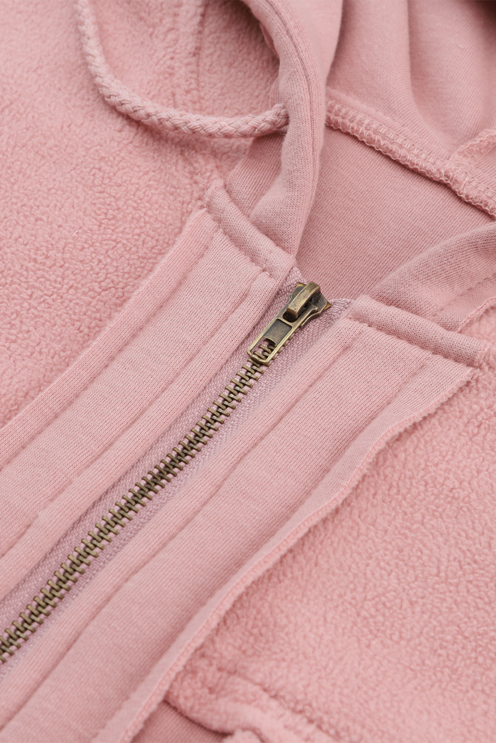 Cotton Blend Pink Flap Pocket Drawstring Hood Zip Up Jacket