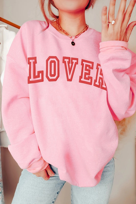 Cotton Blend Pink LOVER Puff Print Drop Shoulder Pullover Sweatshirt