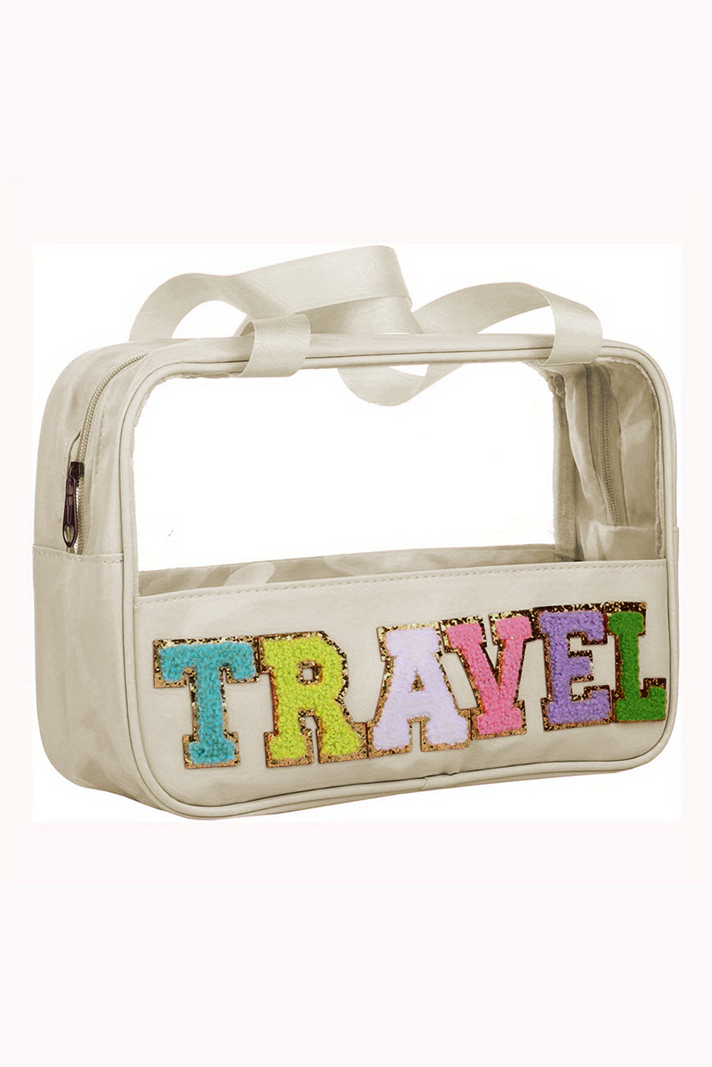 Pastel Coloured Clear Window Travel Friendly Chenille Letter Makeup Bag