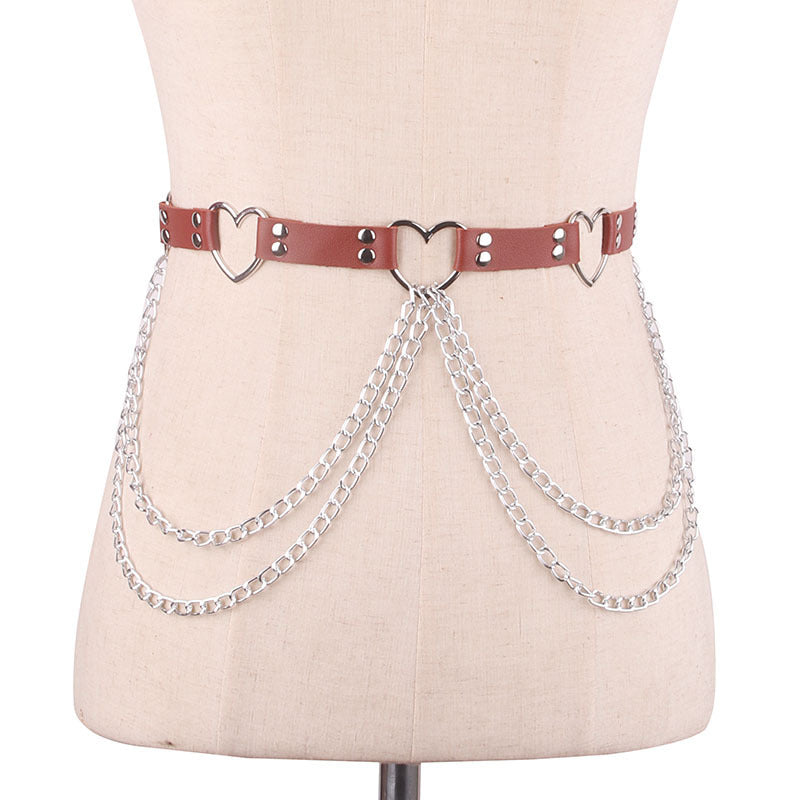 Punk Leather Belt With Heart-shaped Metal Trim and Chains | 8 Colour Options