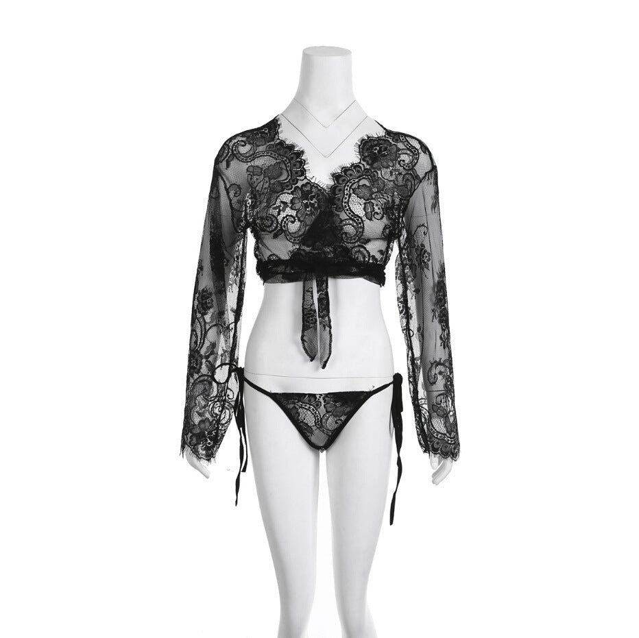 Long Sleeve Lace Lingerie Top with Matching Knickers | Black or White