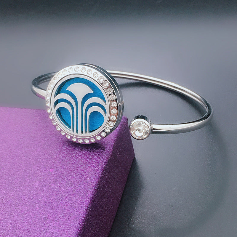 Stainless Steel Aromatherapy Bangle with Laser Etched Designs and Crystal Accents