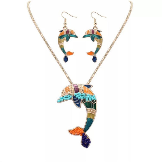 Resin Inlayed Dolphin Jewelry Set in either plated Gold or Silver