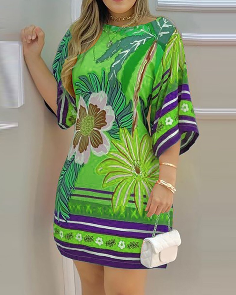 High Neckline Tropical Print Half-Sleeved Casual Beach Dress