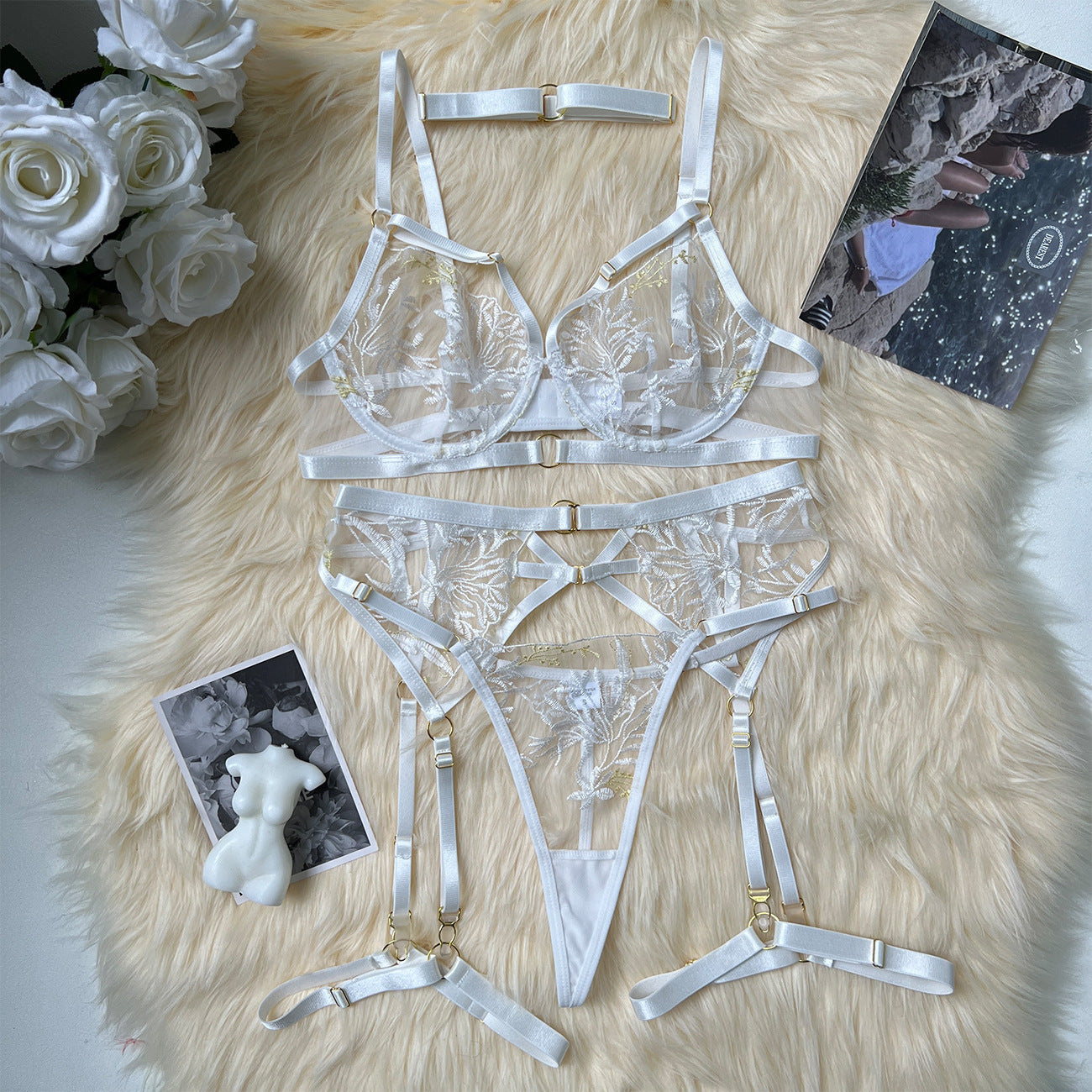 3 Piece Embroidered Lace Lingerie Set with Garters