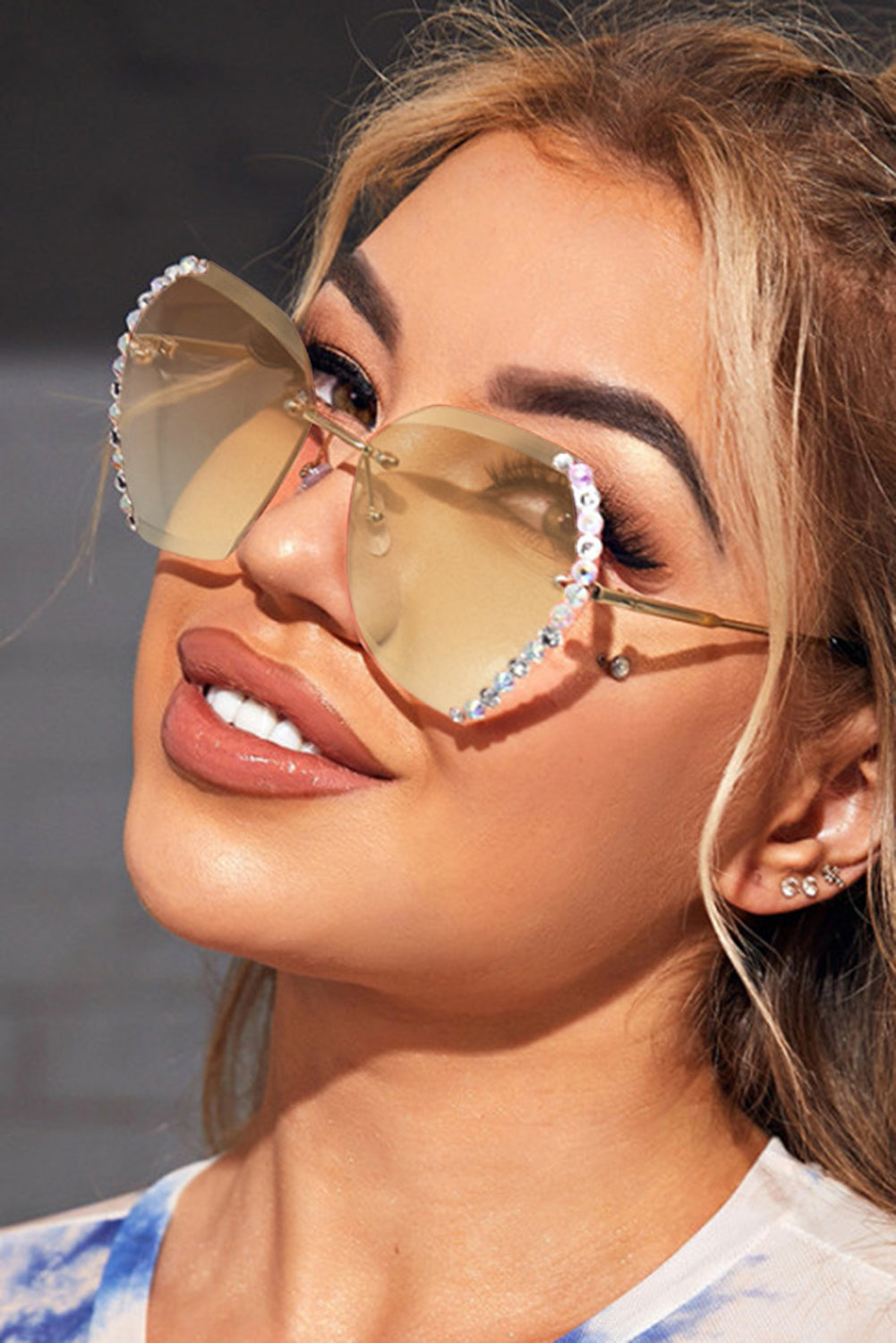 Rhinestone Embellished Rimless Sunglasses | Grey, Pink or Brown