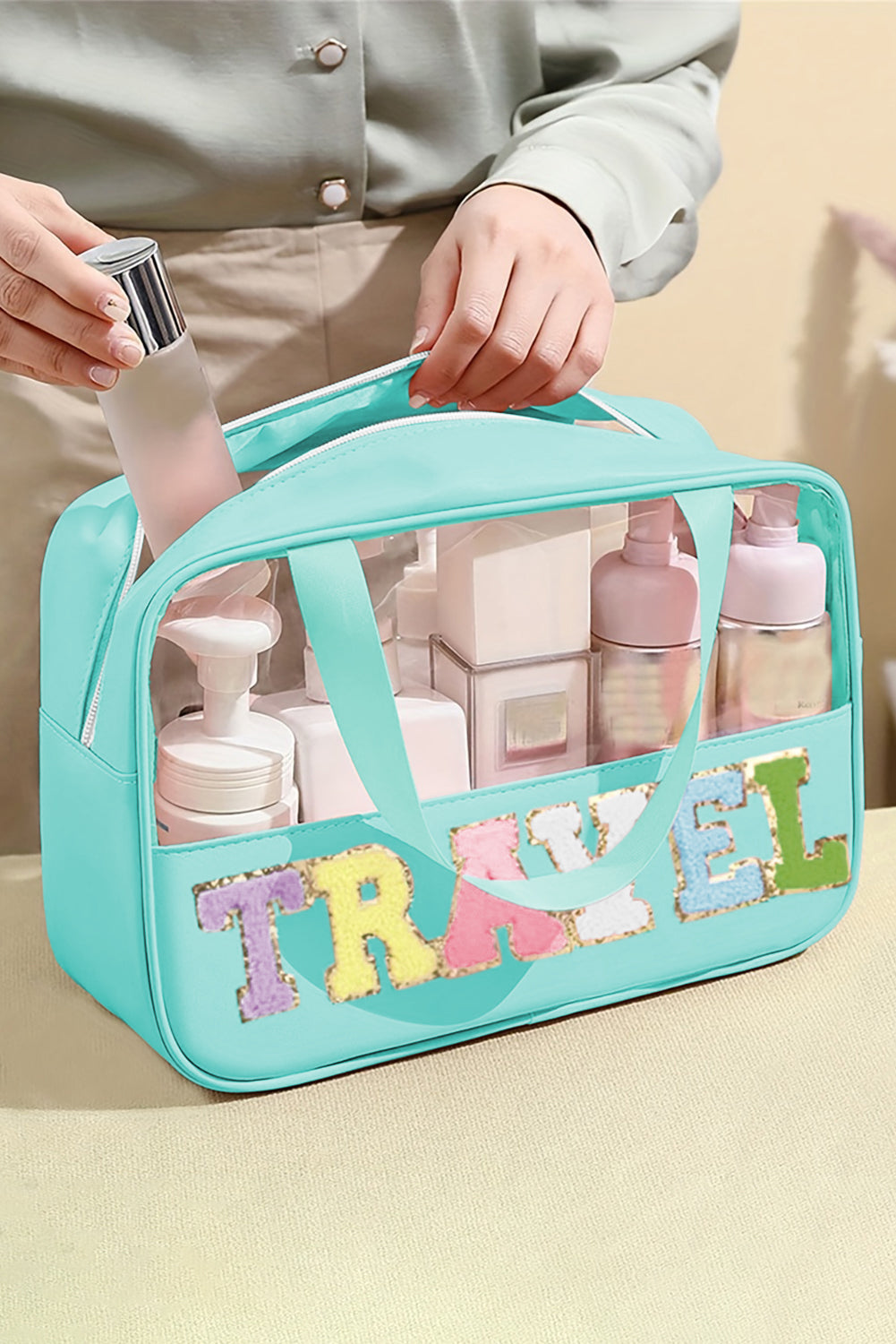 Pastel Coloured Clear Window Travel Friendly Chenille Letter Makeup Bag