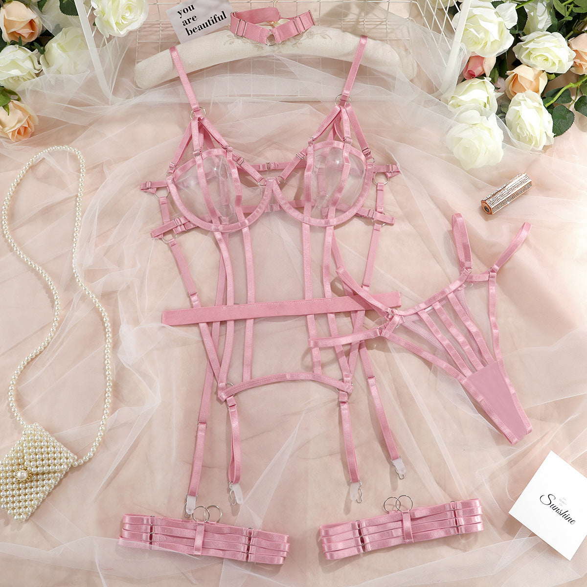 3 Piece Rose Pink Sheer Bodice Lingerie Underwear Set