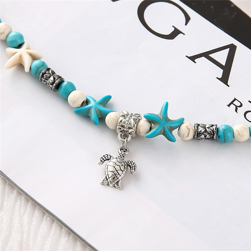 Turquoise Starfish Anklet with Turtle Charm