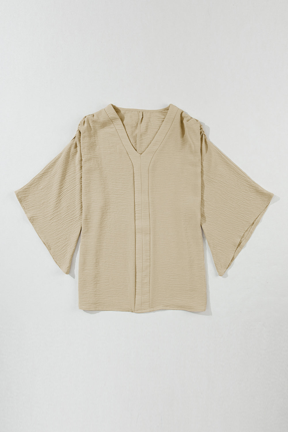 Loose Fit Natural Coloured Solid V-Neck Wide Sleeve Crinkled Blouse