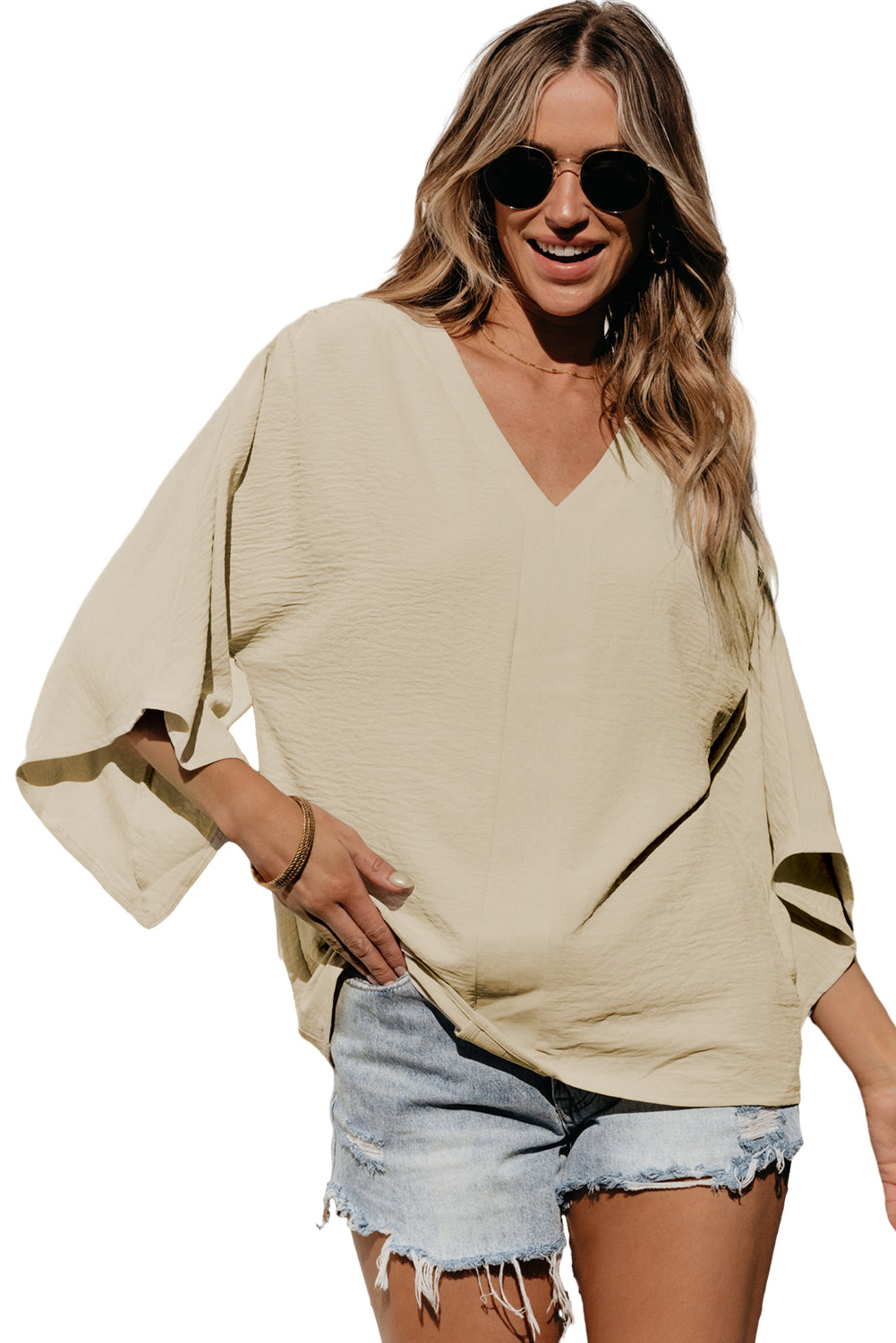 Loose Fit Natural Coloured Solid V-Neck Wide Sleeve Crinkled Blouse