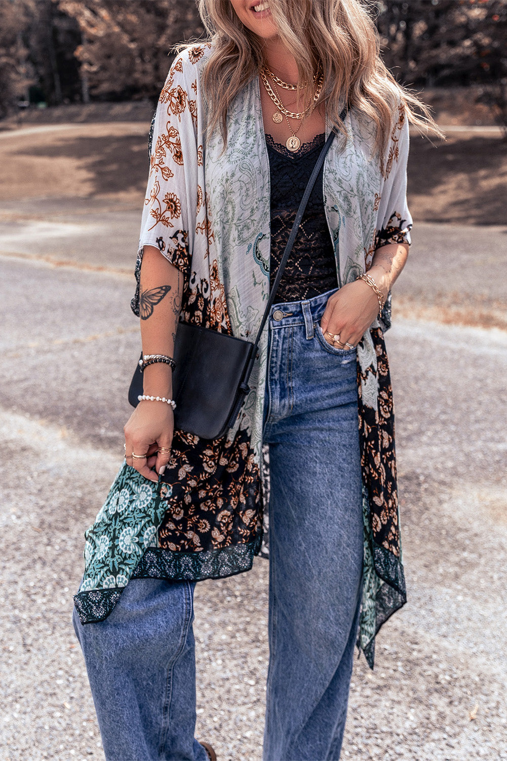 Boho Floral Print Beach Kimono