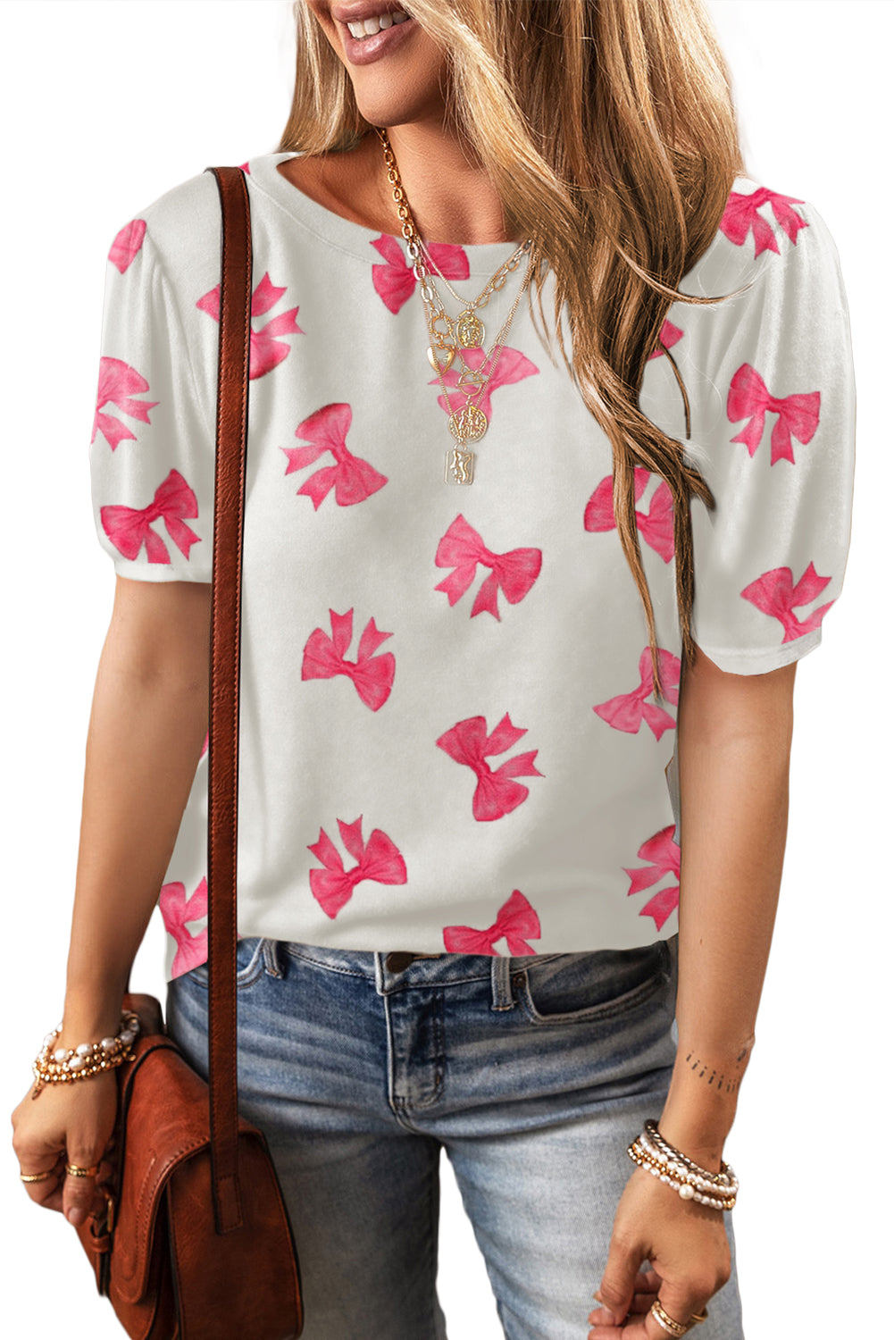 Sky Blue Flower Print Bubble Sleeve Tee