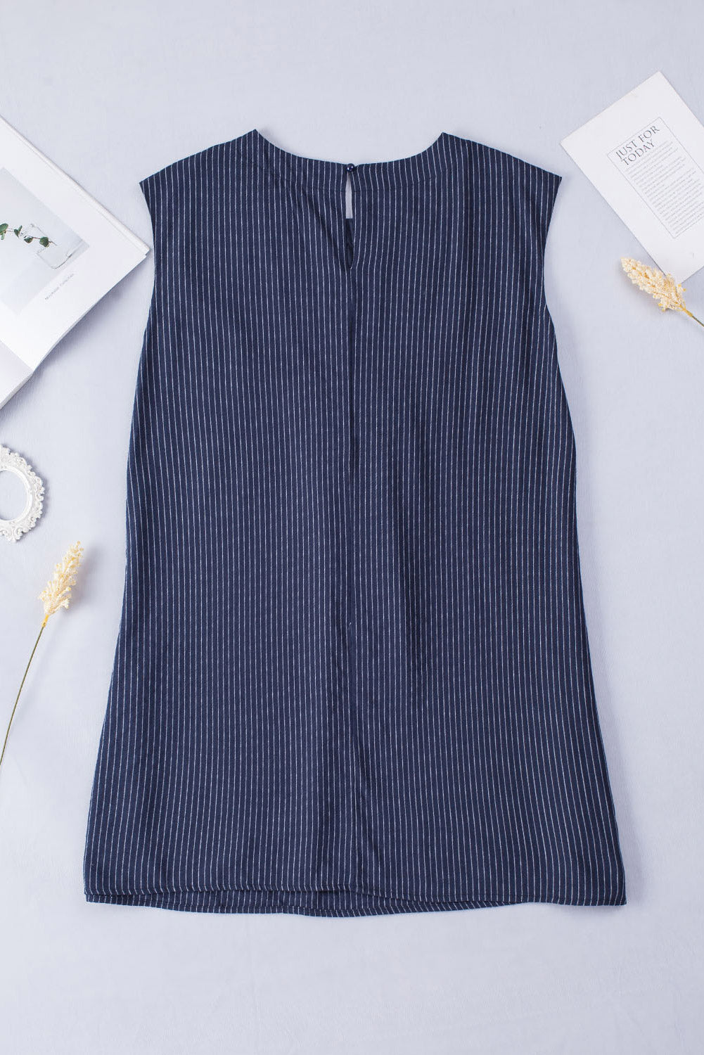 Cotton Blend Blue Embroidered Striped Print Sleeveless Mini Dress