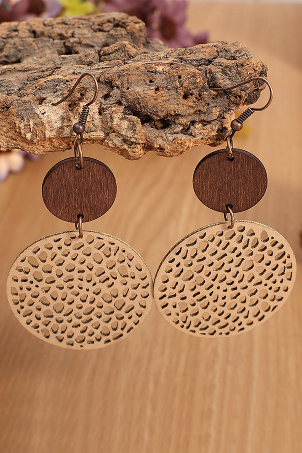 Beige Hollow Out Wooden Round Drop Earrings