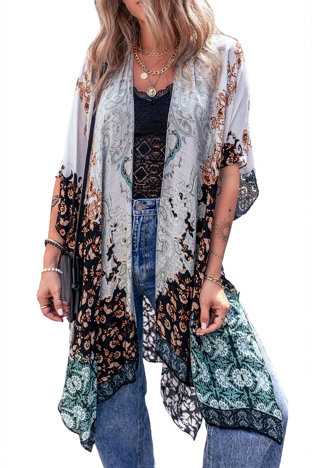 Boho Floral Print Beach Kimono