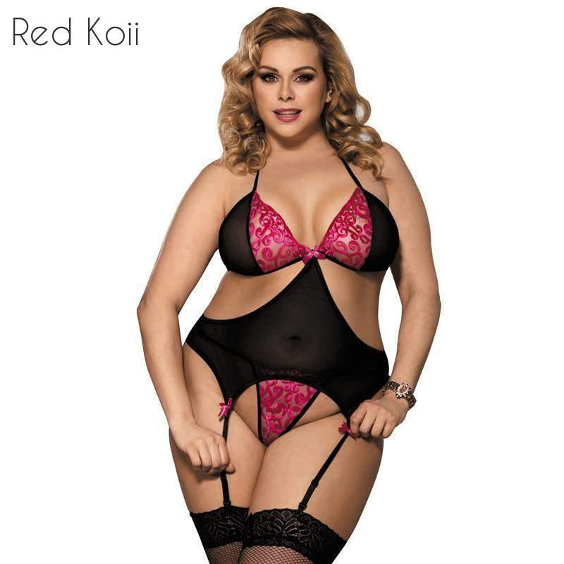 Plus Size Stretch Mesh Lingerie Set with Garter